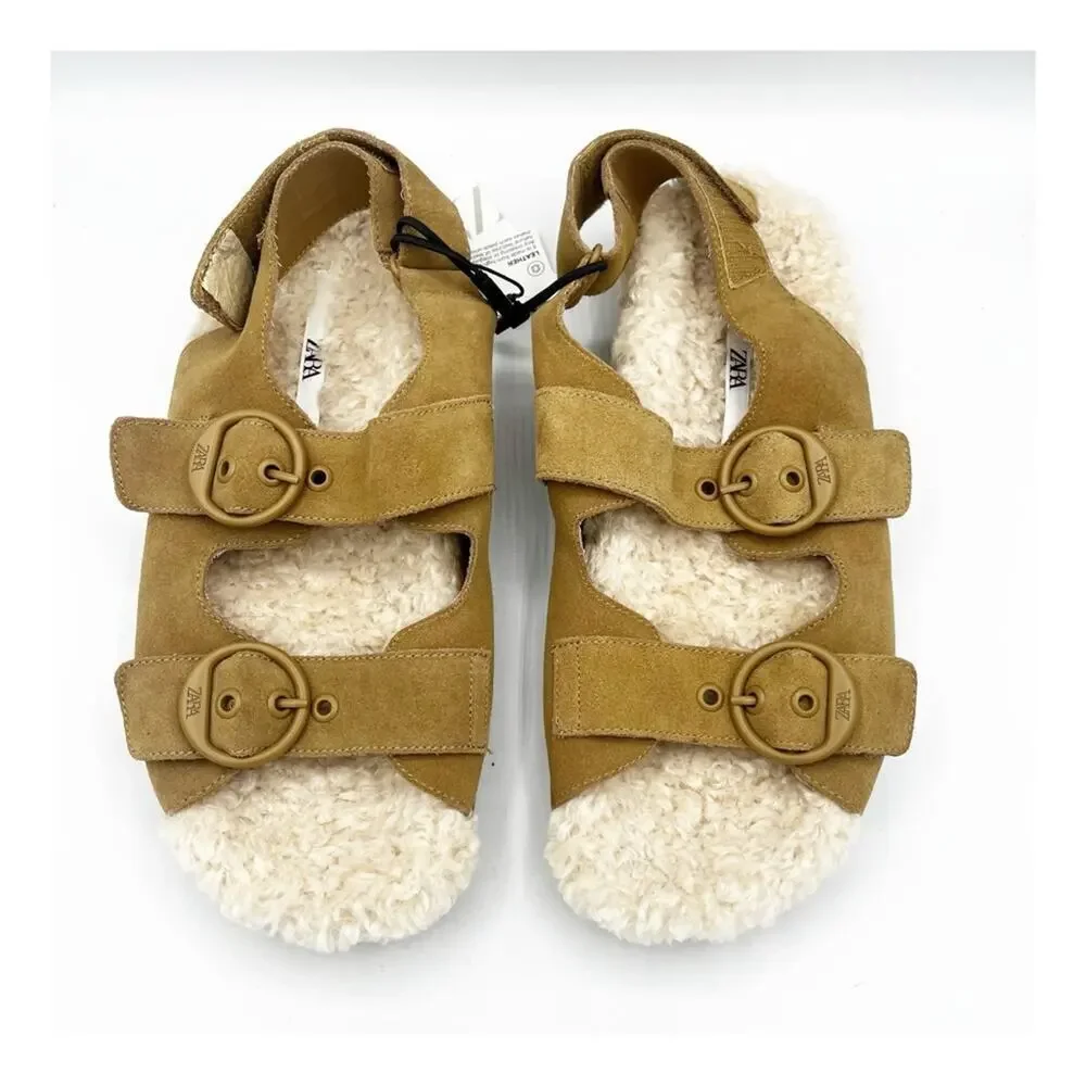 NWT Zara Leather Shearling Buckle Sling Back Flat Sandal Slipper Brown Cream 39 - Picture 2 of 8